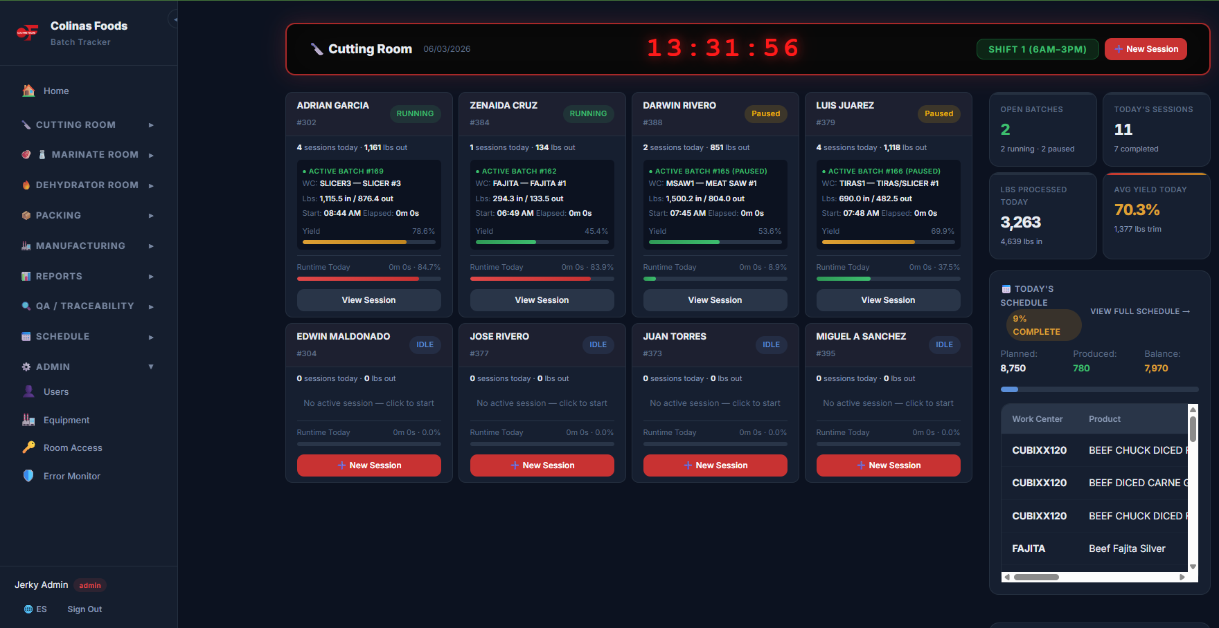 Colinas Foods Cutting Room Batch Tracker — per-employee real-time yield and session tracking